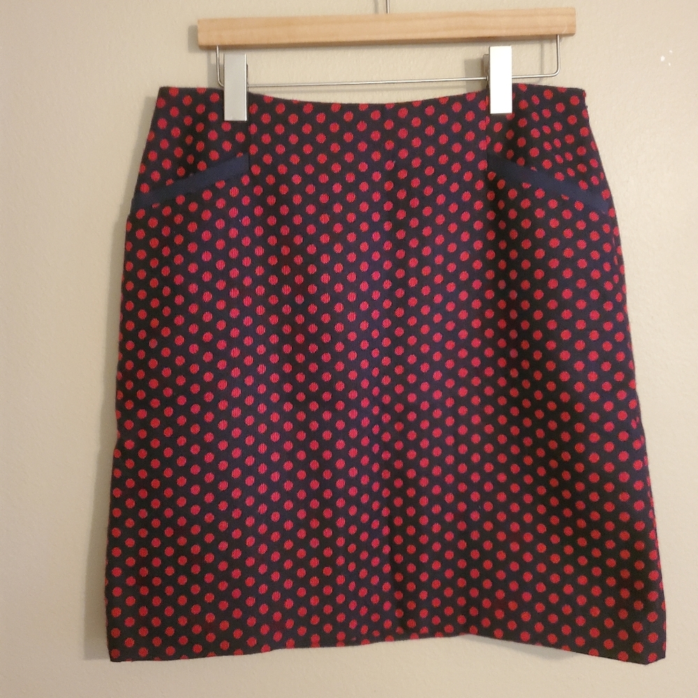 TALBOTS Red & Navy Blue Polka Dot Wool Blend‎ Pencil Career Skirt Women's Size 8